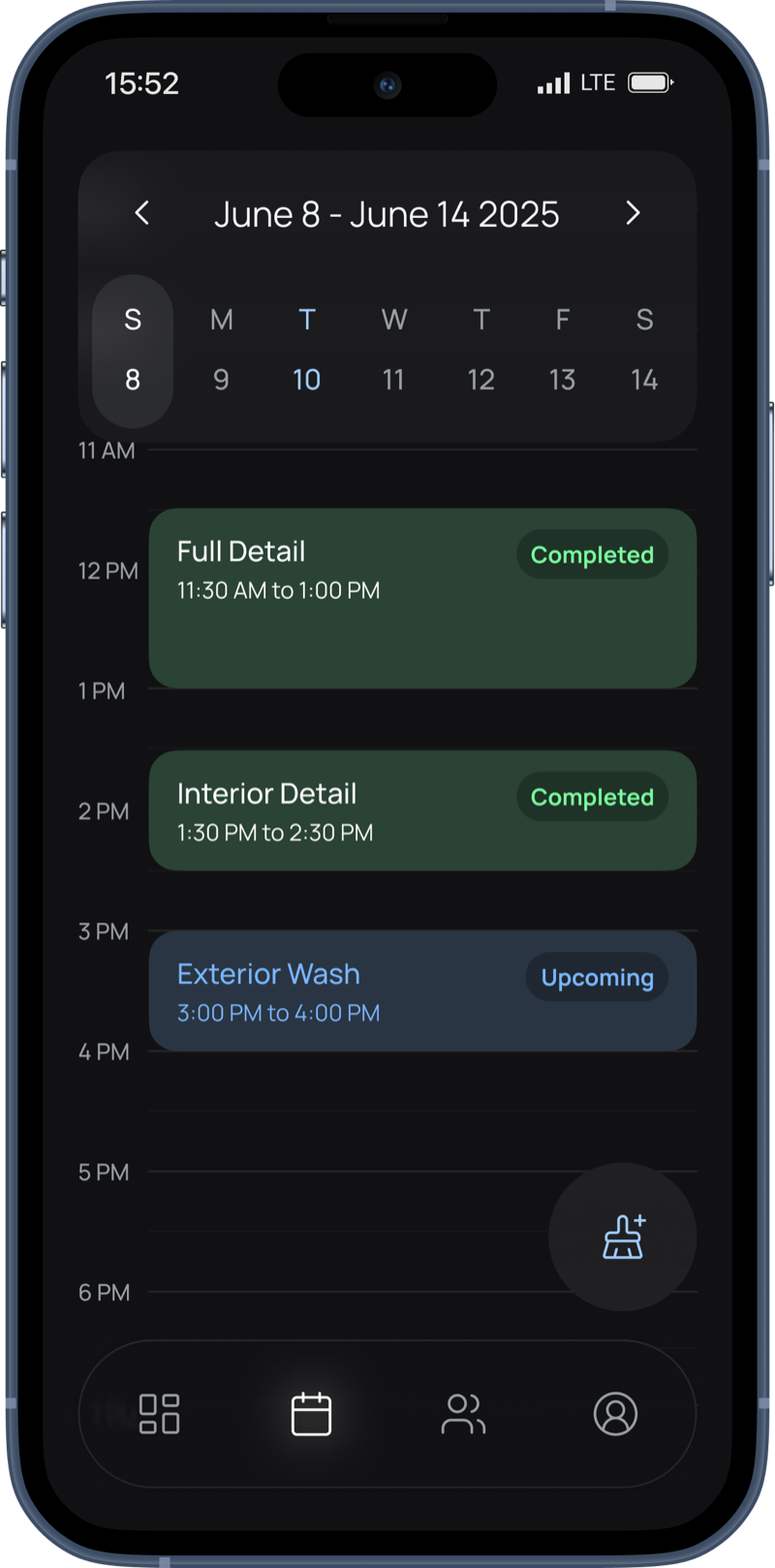 Weekly calendar view showing color-coded detailing appointments with completion status