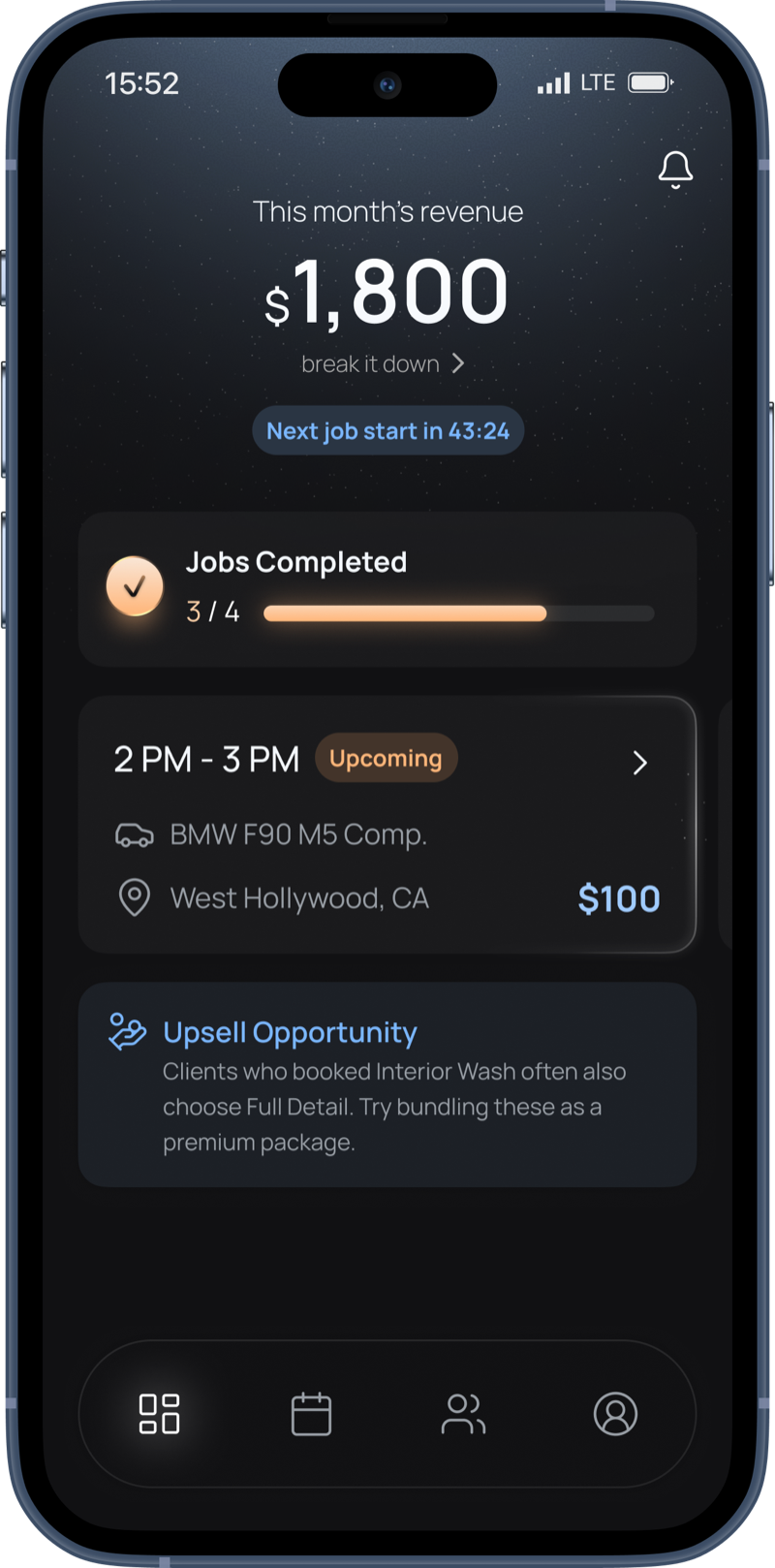 Detaild dashboard showing $1,800 monthly revenue, jobs completed, and upcoming appointments