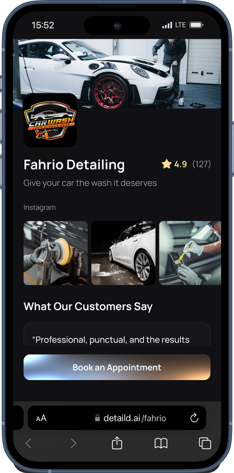 Detaild booking page showing a detailer's profile with reviews, portfolio photos, and Book an Appointment button