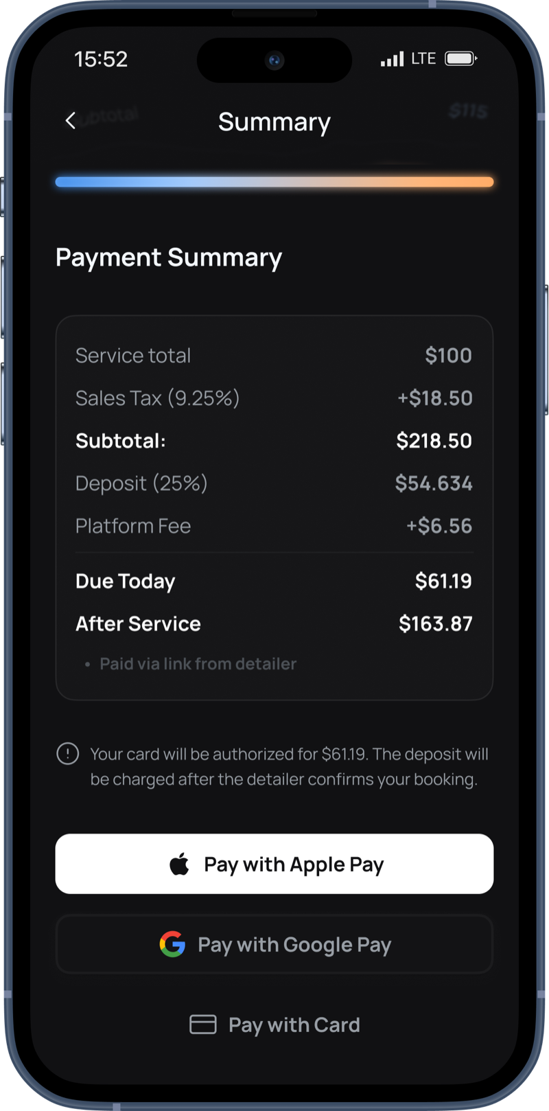 Payment summary screen showing service total, deposit, Apple Pay and Google Pay buttons